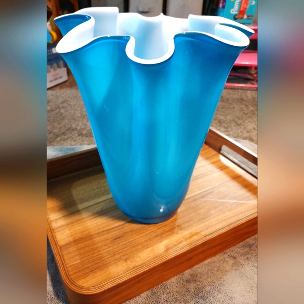 Large Beautiful Vintage MCM Turquoise unique blown glass Murano cased vase RARE - Picture 5 of 11